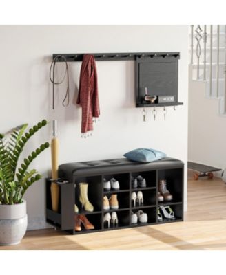 Shoe Bench, Ten Cubbies Storage Entryway Bench with PU Leather, Black