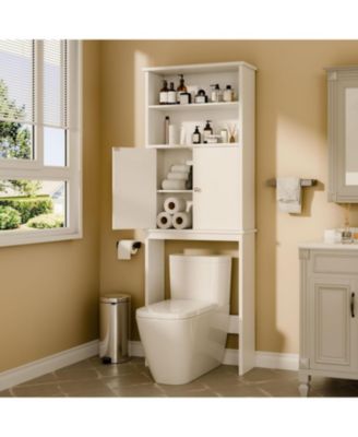 Over-Bathroom Storage Cabinet with Double Doors & Adjustable Shelf - White Freestanding Bathroom Organizer with Open Shelf