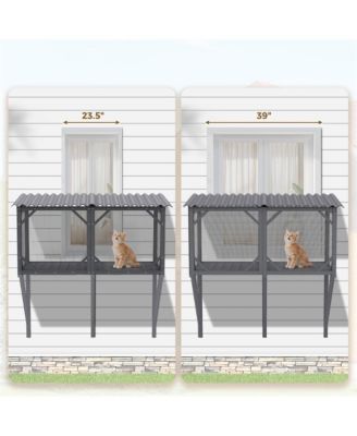 43.3 in. Outdoor Cat Enclosure with Bug Proof Net for Sunbathing, Napping and Viewing, Window Perch in Gray