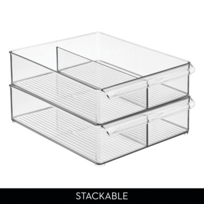 Divided Plastic Pantry Bin with Handle, Set of 2, Clear, Made in USA
