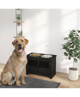 37in-L Black Elevated Dog Bowls Storage Cabinet Raised Dog Bowl Stand Feeding Station