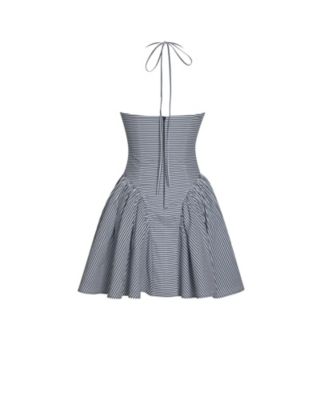 Women Melody Navy Blue Railroad Stripe Halter Drop Waist Mini Dress