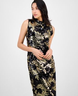 Women's Mock-Neck Sleeveless Sequined Midi Dress