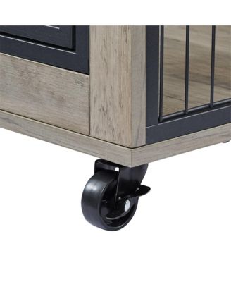 Grey Dog Crate Side Table with Wheels Double Doors and Lift Top