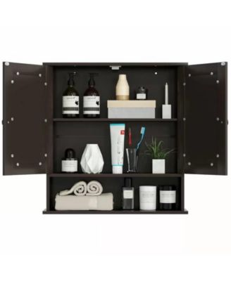 Wood Bathroom Wall Cabinet with Mirrored Doors and Interior Storage Shelf