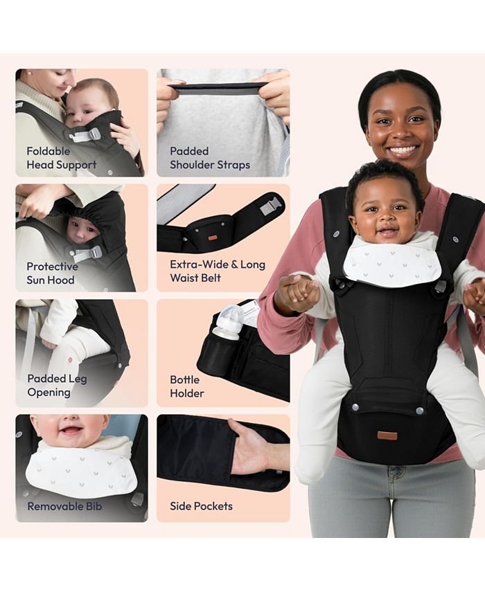 BabbleRoo Kids Carrier 6 in 1 Carrier with Hip Seat, Comfy & Adjustable Kangaroo Rose - Black