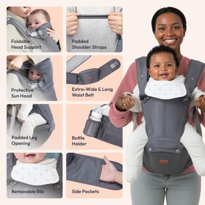 Kids 6-in-1 Carrier with Hip Seat and Lumbar Support, Ergonomic & Adjustable for Newborn to with Sunshade, Black
