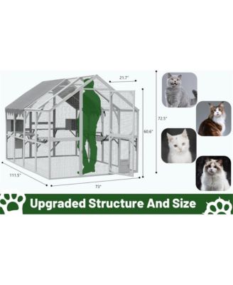 110 in. Outdoor Cat House Cat Enclosures with Platforms Upgrade Waterproof Cover in Gray White