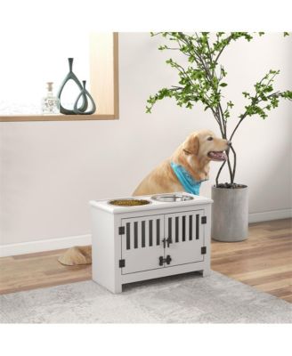 37 in-L White Elevated Dog Bowls Storage Cabinet Raised Dog Bowl Stand Feeding Station