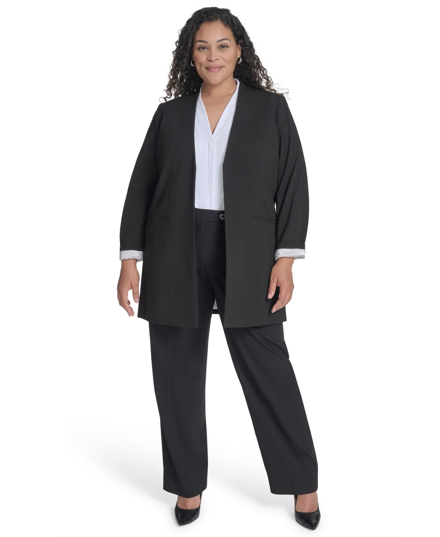 Женский пиджак Calvin Klein Plus Size Collarless Open-Front Topper Blazer, цвет: Чёрный — фото 4