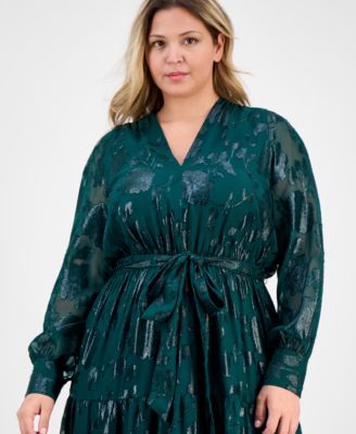Plus Size Floral Jacquard Blouson-Sleeve Midi Dress