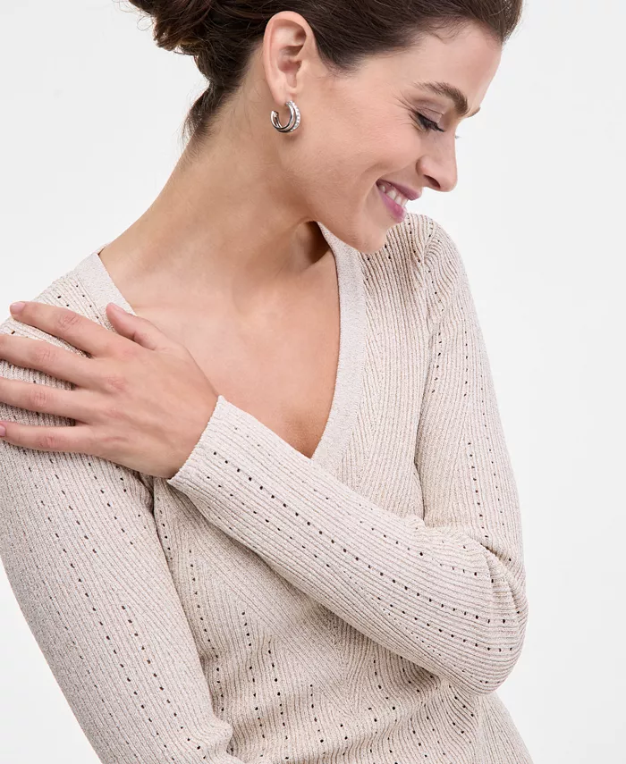 Women's Metallic-Knit V-Neck Sweater - thumbnail 8