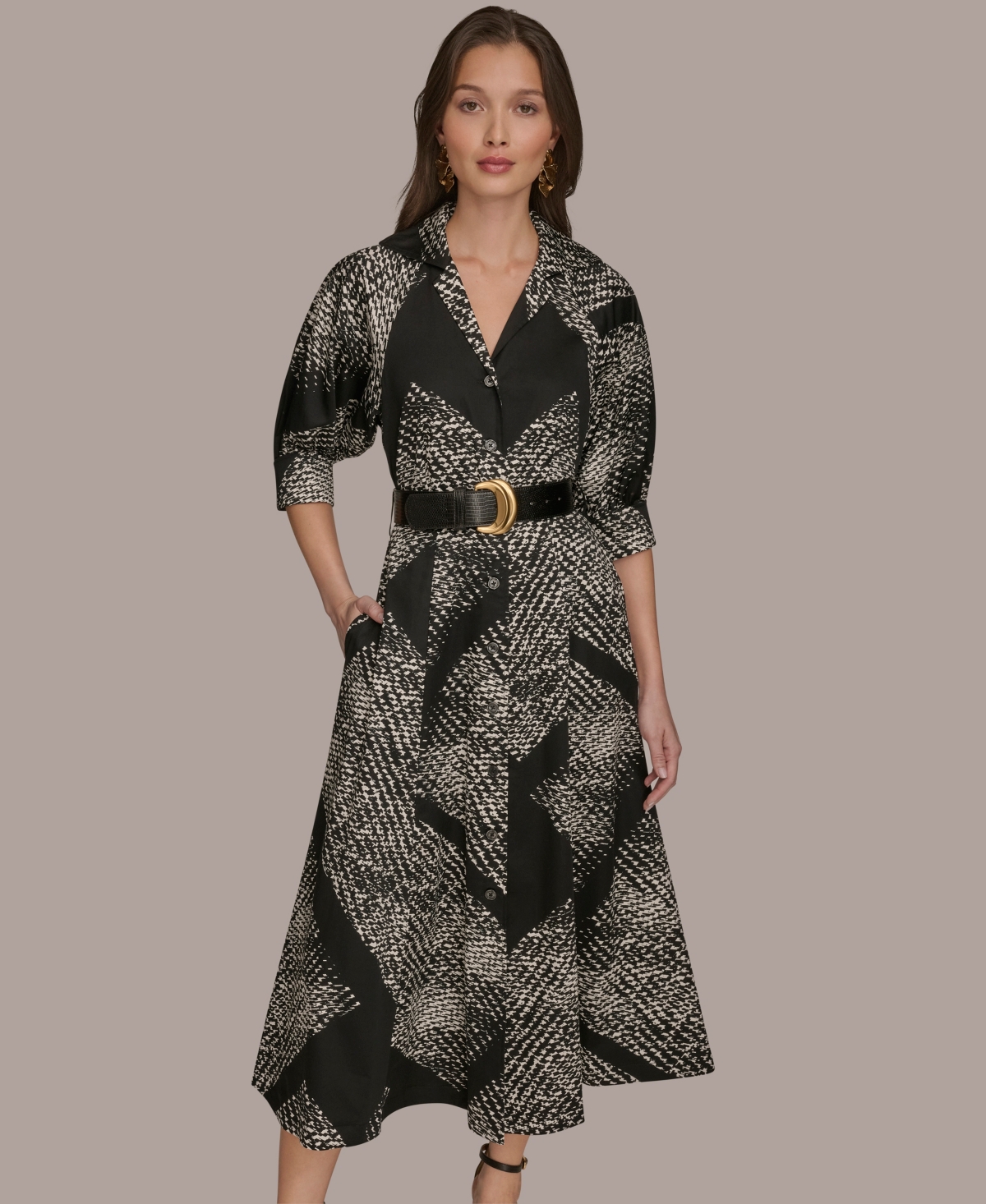 Donna Karan Abstract Houndstooth Check Belted Midi Shirtdress In Multi