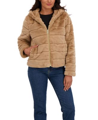 Women's Hooded Grooved Short Faux Fur Jacket