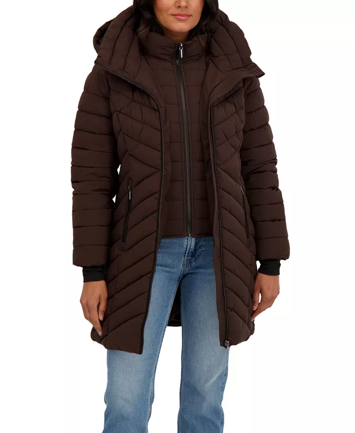 Women's 3/4 Hooded Stretch Puffer with Bib - thumbnail 8