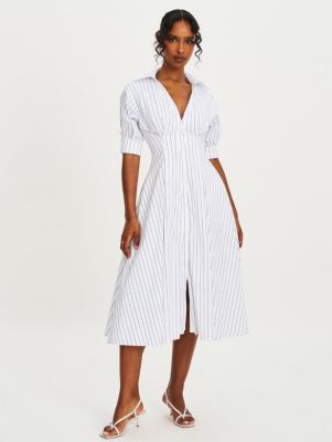 Women's Palina Pinstripes Cotton Poplin Pleated Midi Preppy Shirt Dress
