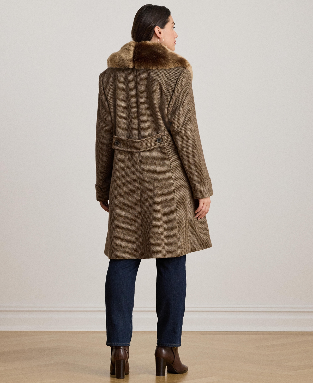 Ralph Lauren Plus Size Faux-fur-collar Coat In Brown