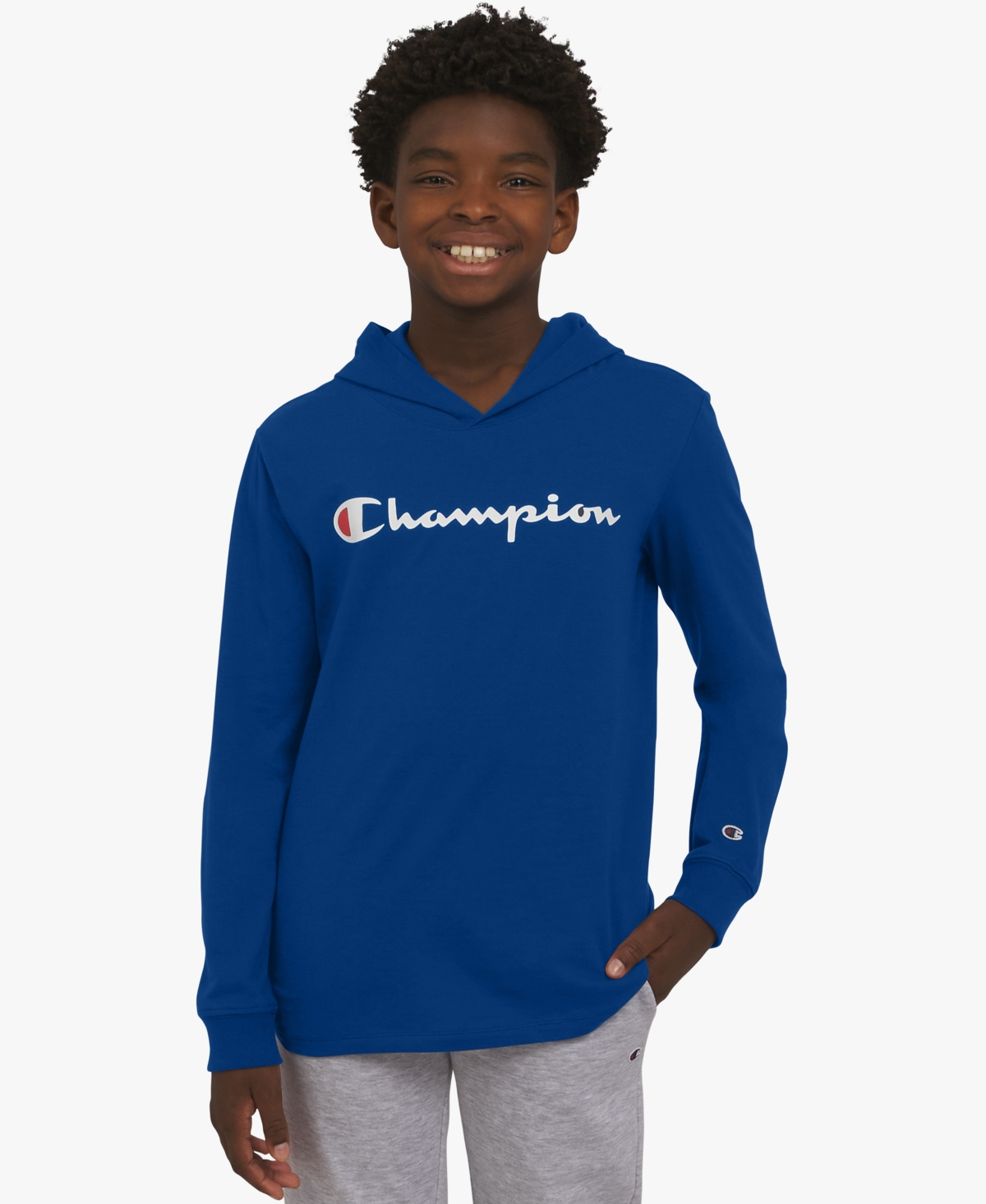 Champion Big Boys Signature Logo Long-sleeve Hooded T-shirt In Blue