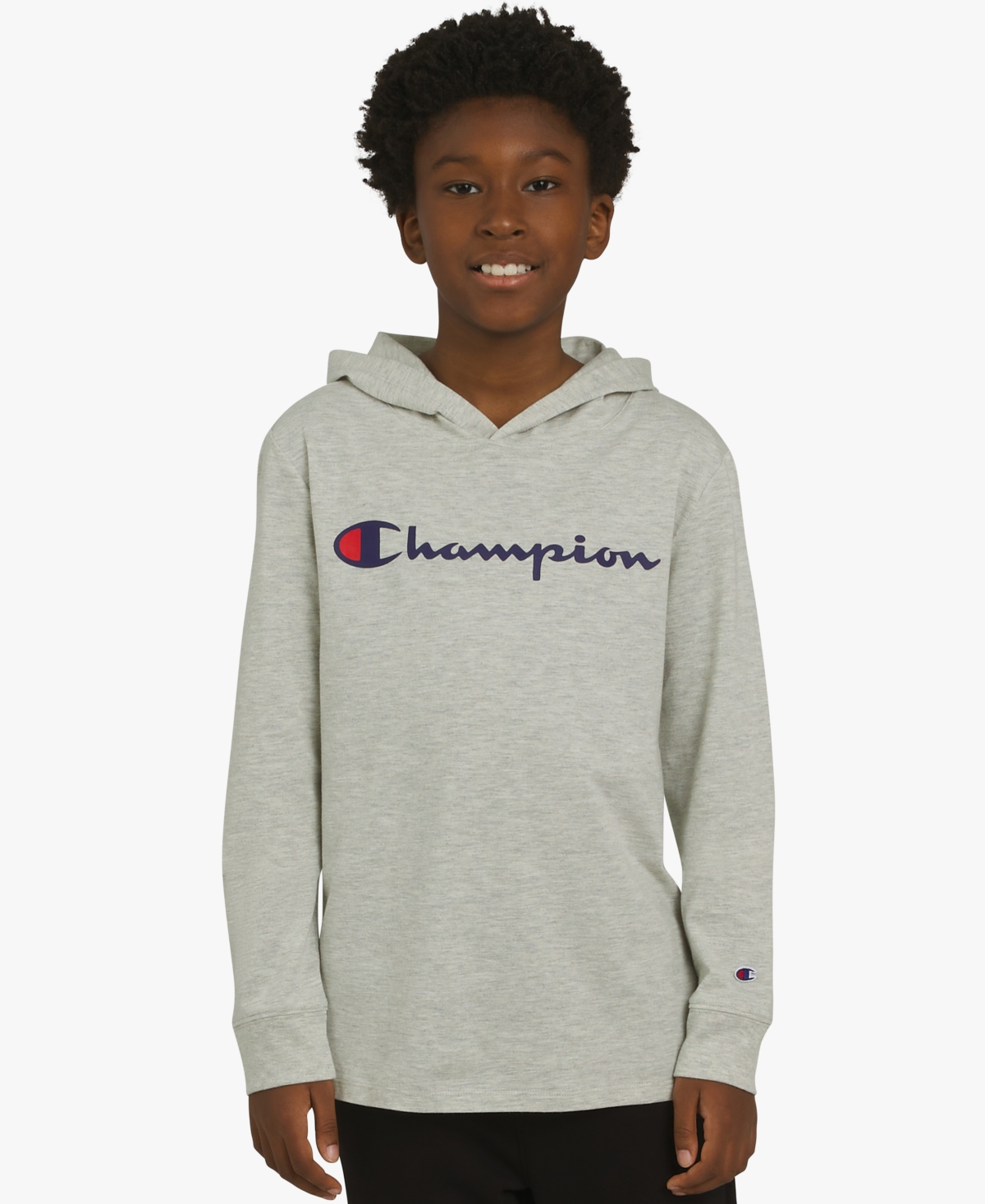 Champion Big Boys Signature Logo Long-sleeve Hooded T-shirt In Gray