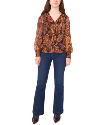 Petite Smocked Shoulder V-Neck Blouse Top