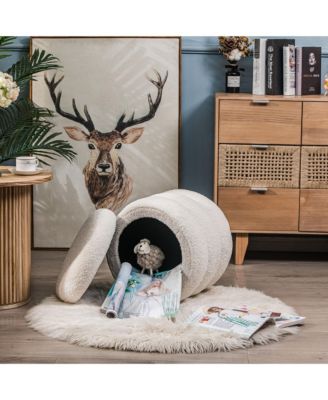 - White Boucl&eacute; Pouf with Storage Vintage Style Upholstery Living Room