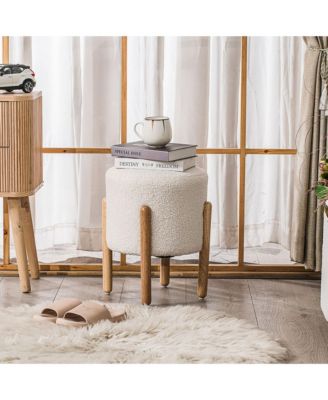 - White Boucle Pouf Vintage Style Upholstery Living Room