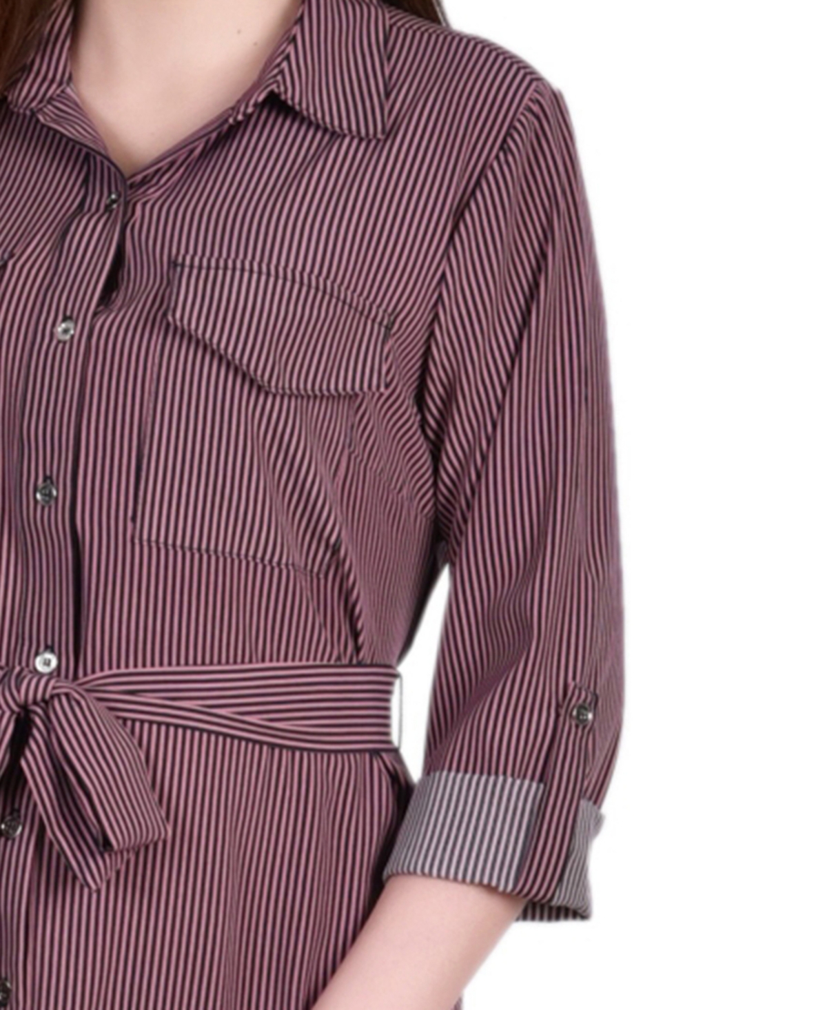 Ny Collection Petite Geometric Printed Long Sleeve Roll Tab Shirtdress In Brown