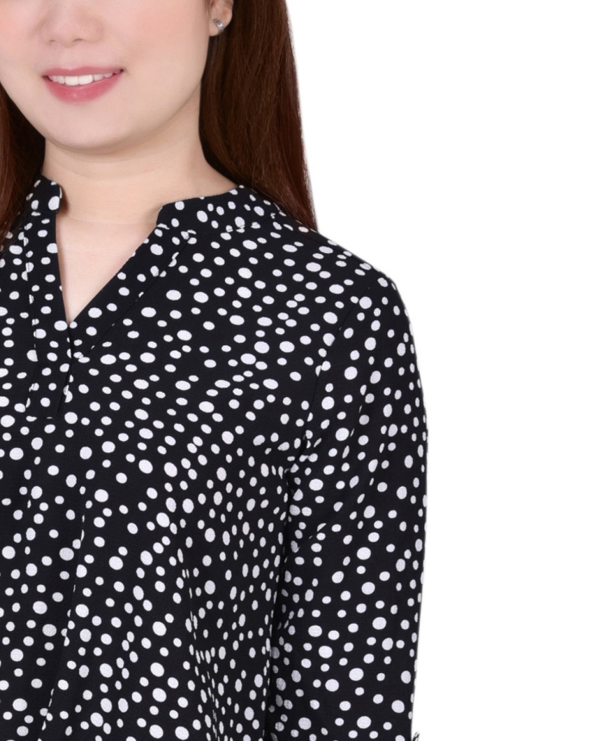 Ny Collection Petite 3/4 Push Tab Mandarin Collar Top In Multi