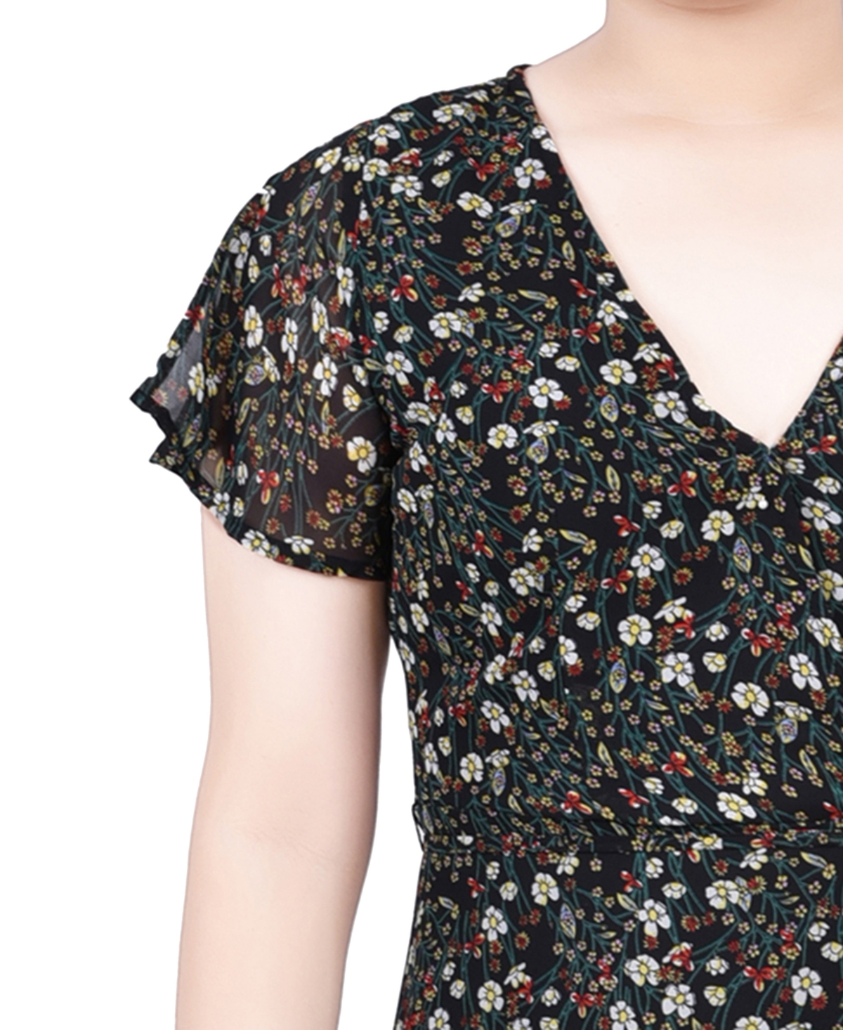 Ny Collection Petite Short Sleeve Chiffon Wrap Maxi Dress In Black