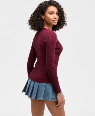 Juniors' V-Neck Ribbed Fine Gauge Flyaway Sweater
