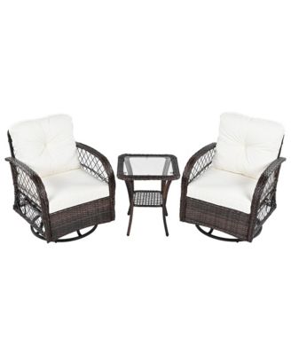 3-piece Outdoor Chair&Table Set Chat Set 2-person Rattan Seating Group with Two Swiveling and Rocking Chairs and a Square Table for Garden, Patio, or Balcony, Brown