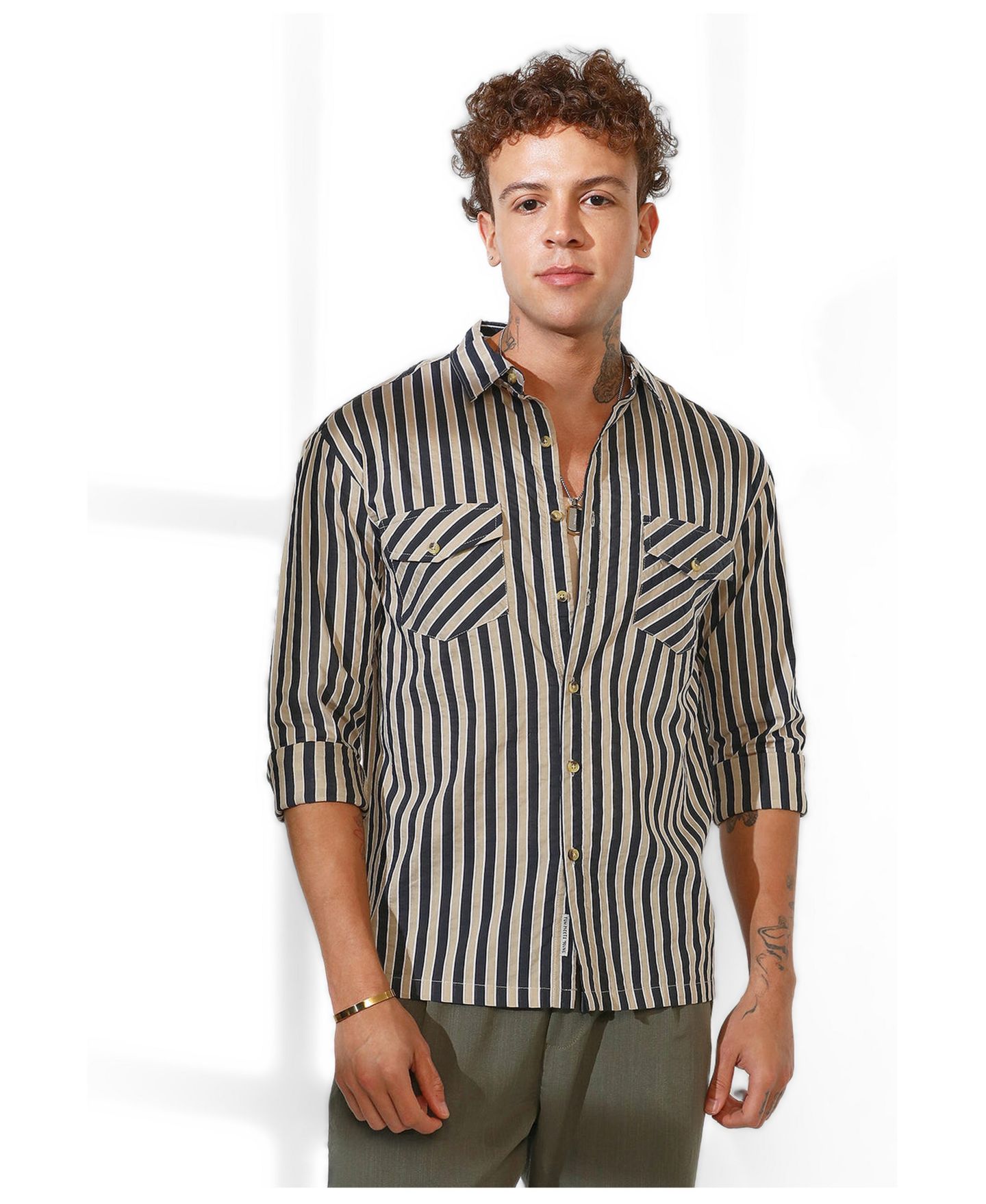 Мужская рубашка Cahoot Campus Sutra Navy Blue & Khaki Beige Candy Striped Oversized, цвет: Синий — фото 2