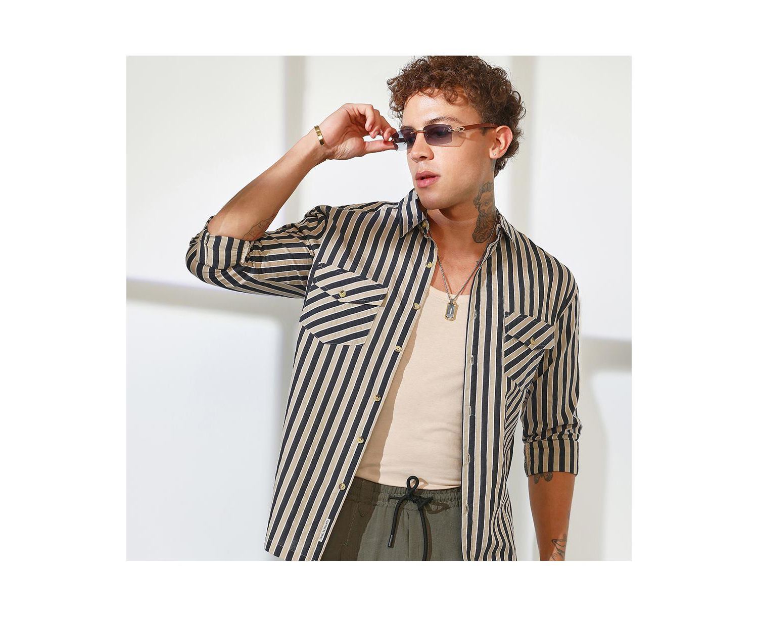 Men's Navy Blue & Khaki Beige Candy Striped Oversized Shirt
