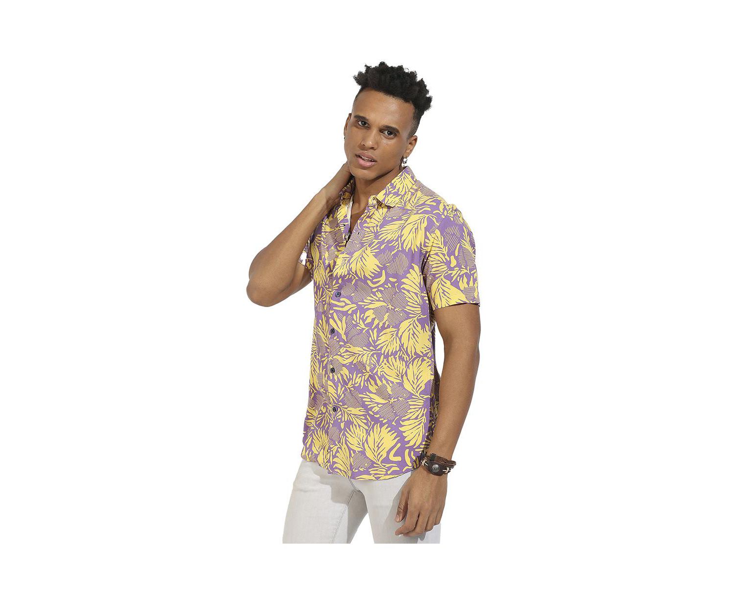 Men's Lavender & Yellow Contrast Foliage Shirt
