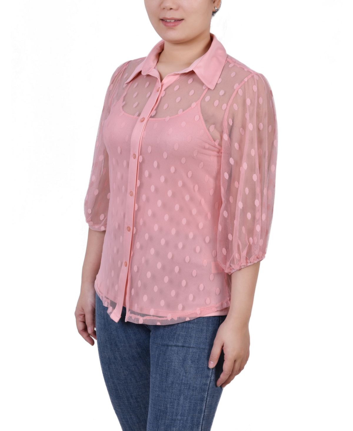 Ny Collection Petite Elbow Sleeve Clip Dot Top In Pink