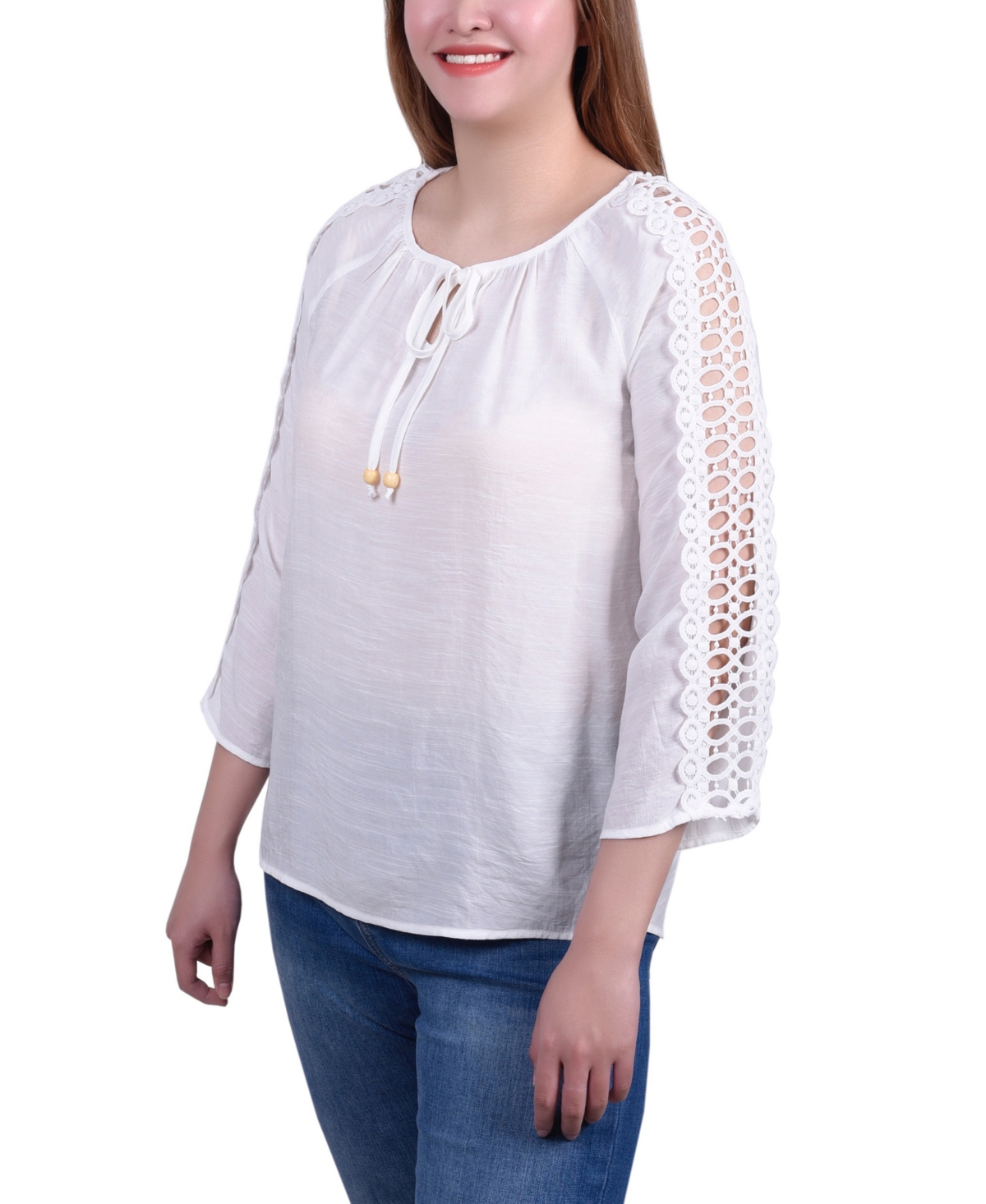 Ny Collection Petite 3/4 Sleeve Tunic With Crochet And Tie Neck In White