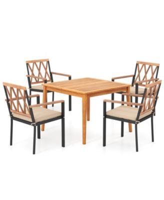 Set Of 5 Patio Acacia Wood Dining Set w/ Soft Seat Cushions Umbrella Hole for Yard