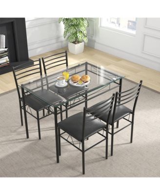 5 Piece Dining Set Glass Top Table & 4 Upholstered Chairs Kitchen Room Furniture