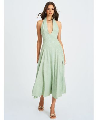 Women Magda Mint Green Deep V Neck Halter A-line Midi Dress