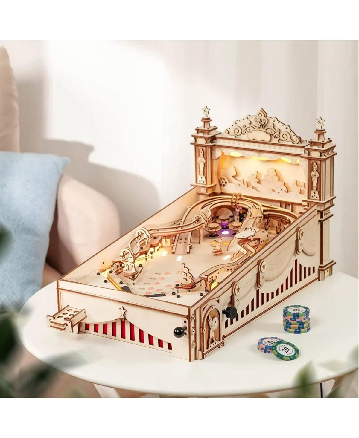Robotime 3D Wooden Puzzle Pinball Machine Model,Diy Retro Games Marble Run, Beige, 18.7"10.8"18.7"