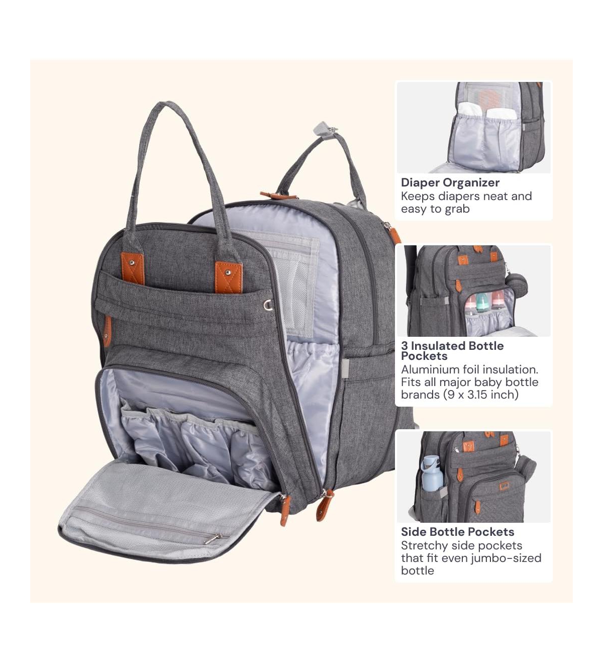 BabbleRoo Toddler Diaper Bag Backpack Stylish 26L Hands Free with Changing Pad, Stroller Straps & Water-Resistant, Safari, Large