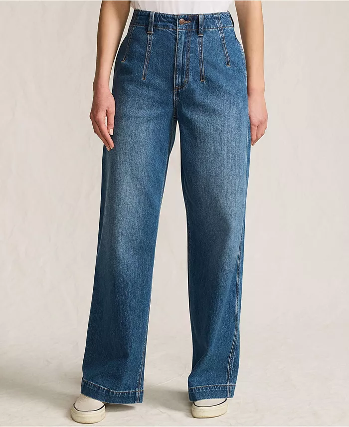 Women's Soft Denim High Rise Wide Leg Top Stitch Trousers