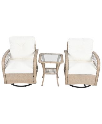 3-piece Outdoor Chair&Table Set Chat Set 2-person Rattan Seating Group with Two Two Swiveling and Rocking Chairs and a Square Table for Garden, Patio, or Balcony, Natural