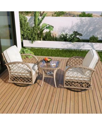 3-piece Outdoor Chair&Table Set Chat Set 2-person Rattan Seating Group with Two Two Swiveling and Rocking Chairs and a Square Table for Garden, Patio, or Balcony, Natural