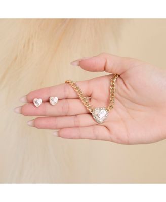 Gold-Tone Heart Pendant Necklace & Crystal Stud Earring Set