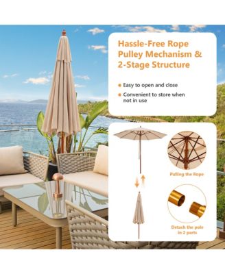 9.5 FT Patio Rope Pulley Wooden Umbrella Market w/Fiberglass Ribs Outdoor