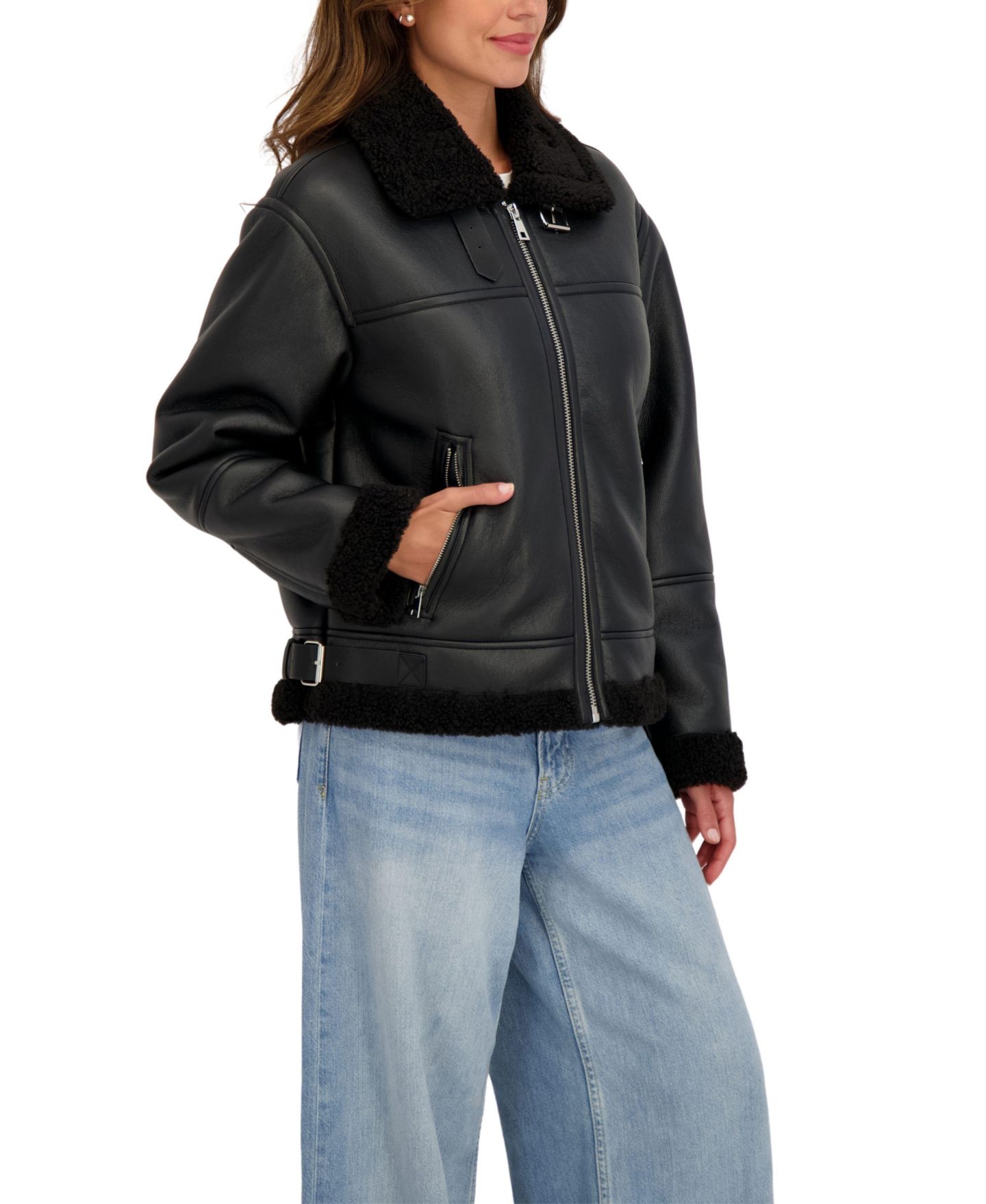 Женская куртка Sebby Collection Zip Front Faux Shearling, цвет: Чёрный — фото 3