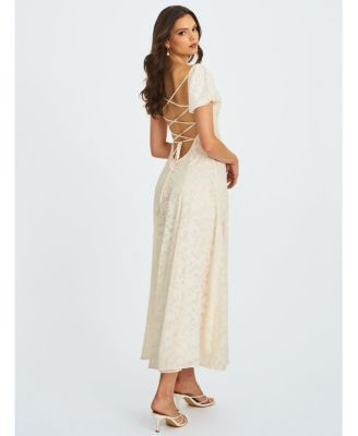 Women Pandora White Bubble Sleeve Backless Maxi Dress
