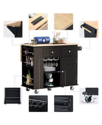 sumyeg Kitchen Island with Drop Leaf, Power Outlet, Rubber Wood Top, Rack, Open Storage, Adjustable Shelves (No Stools)