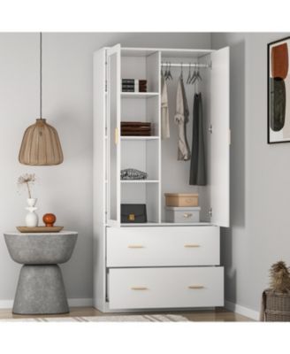 Modern 2-door 2-drawer wardrobe with mirror, bedroom Armoire, Closet